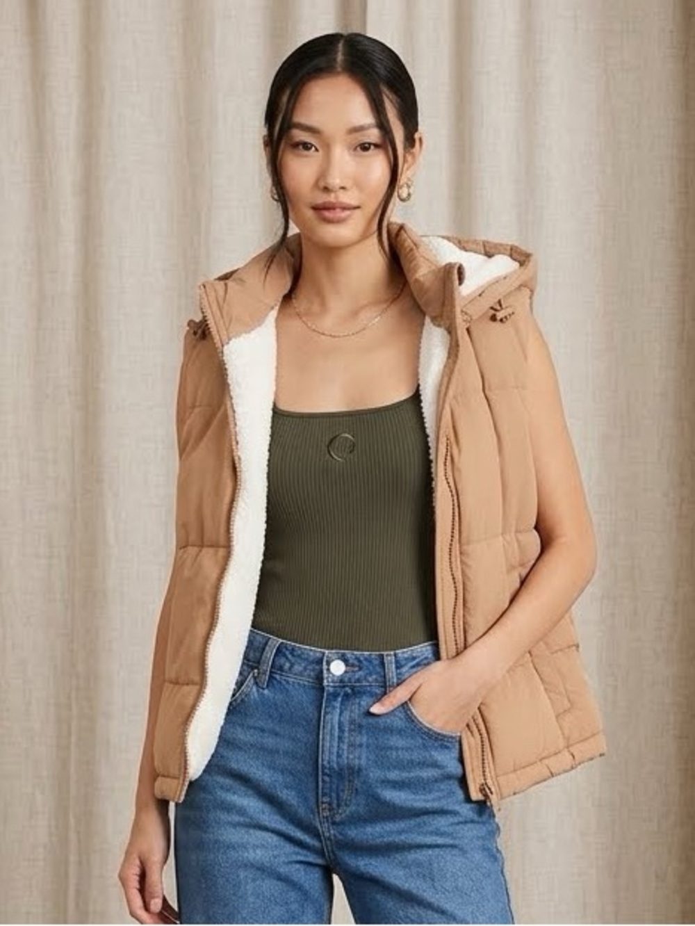 🍂 Love Tree Camel Sherpa Hooded Zippered Puffer Vest with Zip Pockets | Small